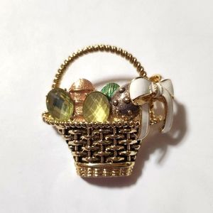Napier Easter Basket Brooch Pin Gold Tone Jeweled Enameled multicolored eggs